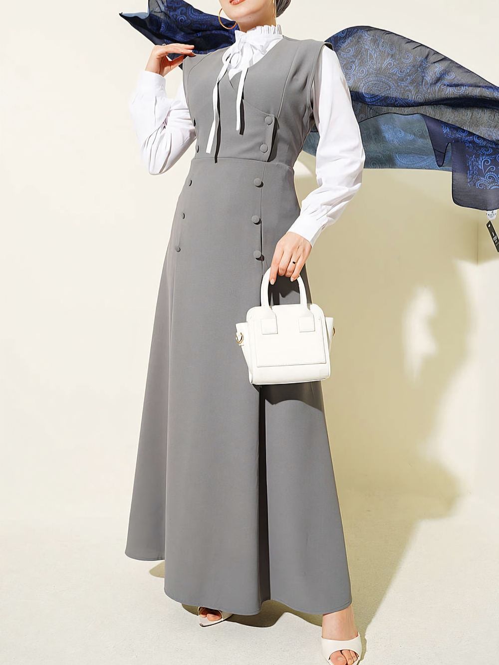 Gray Two Piece Shirt Dress Set NWOT Button Detail White Blouse Modest XL
